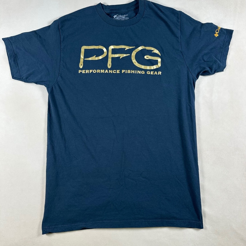 Columbia PFG T-Shirt Mens Medium Performance Fishing Gear Navy Blue Gold Graphic